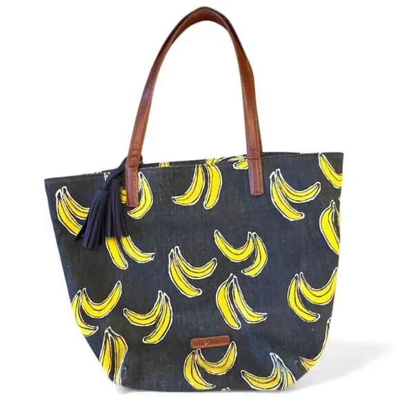 Lucky Brand Key West Dark Denim Blue Tote Bag Banana Print Tassels Purse Handbag - Picture 1 of 12